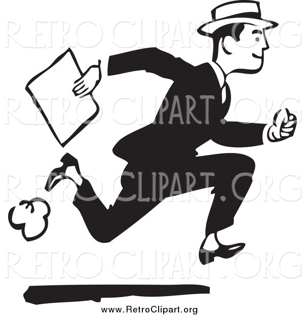 Clipart of a Retro Black and White Businessman Running with a Document