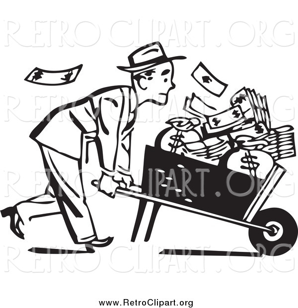 Clipart of a Retro Black and White Businessman with a Wheel Barrow of Cash to the Right
