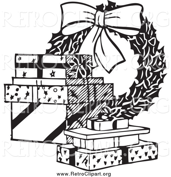 Clipart of a Retro Black and White Christmas Wreath and Gifts