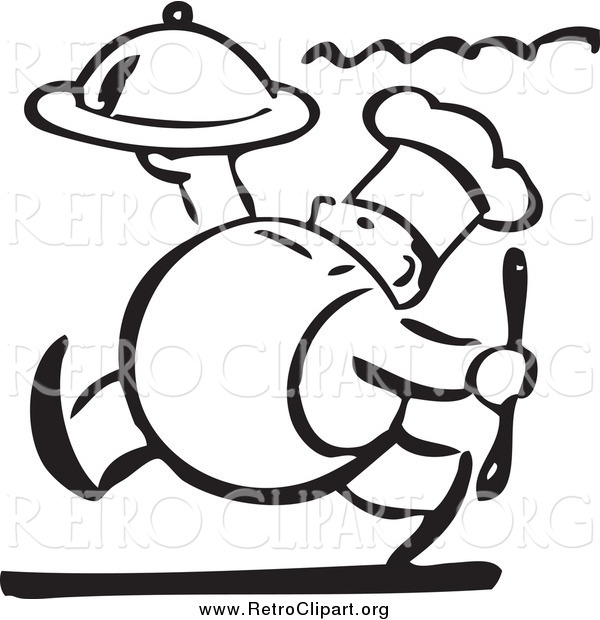 Clipart of a Retro Black and White Chubby Chef Carrying a Platter