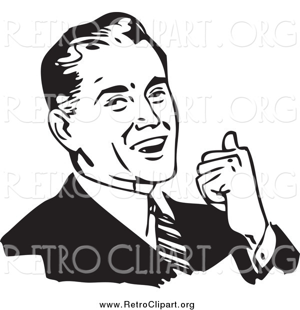Clipart of a Retro Black and White Confidnet Businessman Gesturing over His Shoulder with with His Thumb