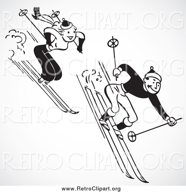 Clipart of a Retro Black and White Couple Skiing Downhill, over Gray Shading