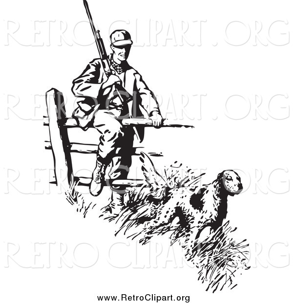 Clipart of a Retro Black and White Dog Leading a Hunter over a Fence