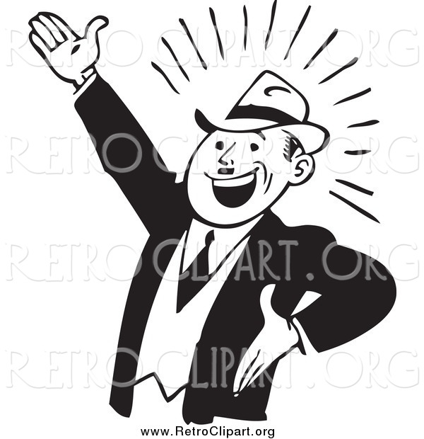 Clipart of a Retro Black and White Enthusiastic Businessman Gesturing up Left
