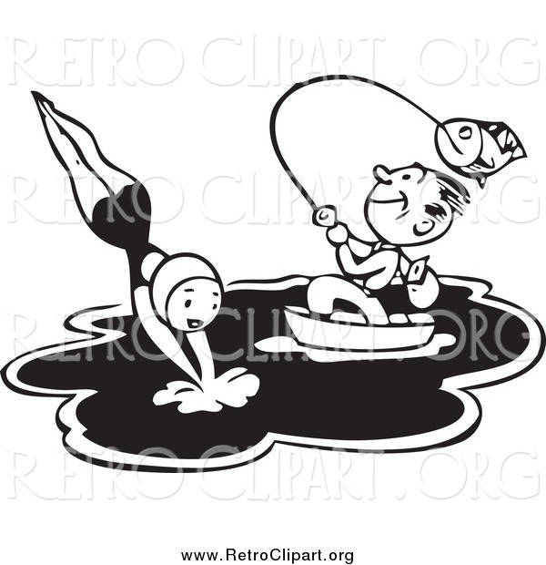 Clipart of a Retro Black and White Guy Fishing While a Woman Dives in a Lake