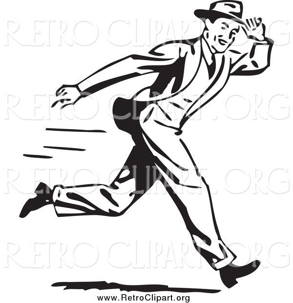 Clipart of a Retro Black and White Guy Holding onto His Hat While Running