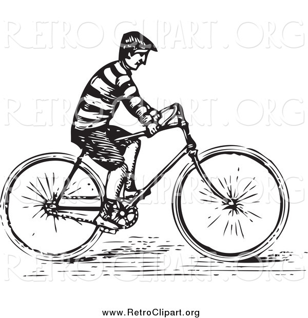 Clipart of a Retro Black and White Guy Riding a Bike