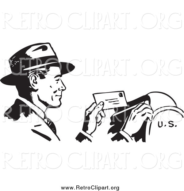 Clipart of a Retro Black and White Happy Businessman Dropping Mail in a Box