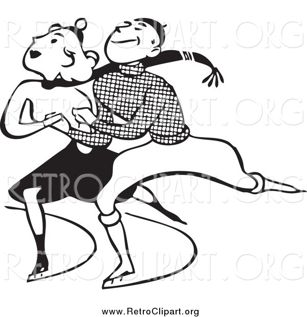 Clipart of a Retro Black and White Happy Couple Ice Skating