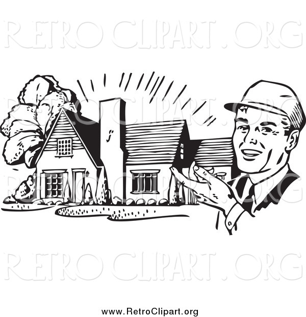 Clipart of a Retro Black and White Happy Male Architect Presenting a House