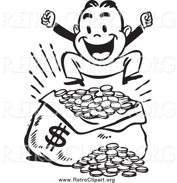 Clipart of a Retro Black and White Happy Man Jumping over a Sack of Money