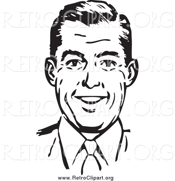 Clipart of a Retro Black and White Happy Man Smiling