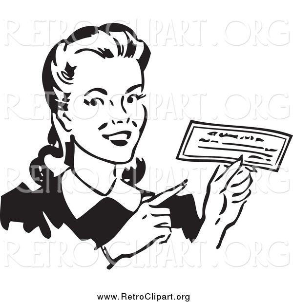 Clipart of a Retro Black and White Happy Woman Holding a Check