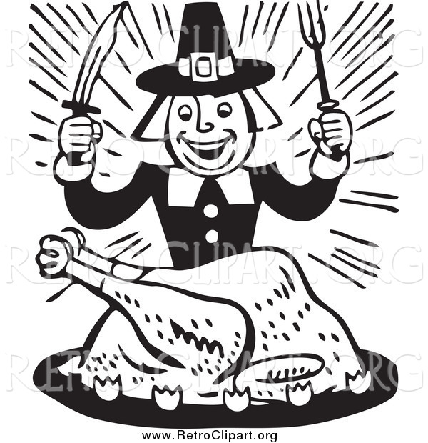 Clipart of a Retro Black and White Hungry Pilgrim Guy Eating Turkey