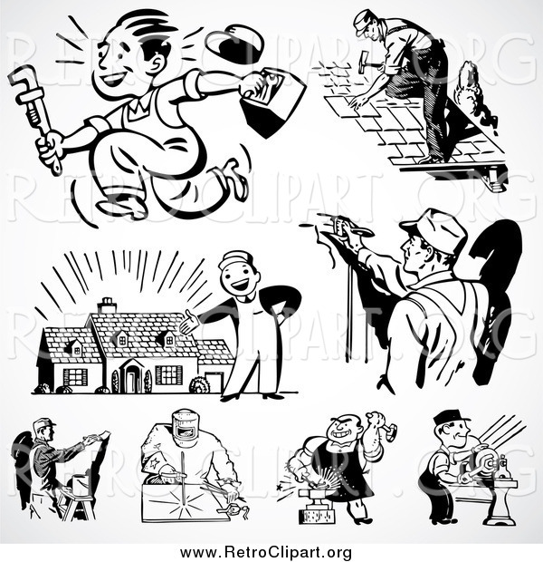 Clipart of a Retro Black and White Industrial Workers