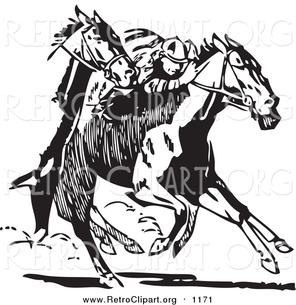 Clipart of a Retro Black and White Jockey and Racing Horses