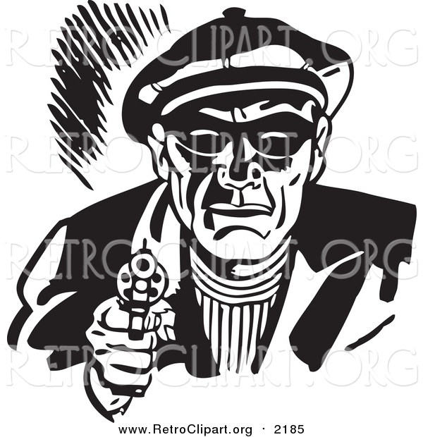 Clipart of a Retro Black and White Male Criminal Pointing a Gun