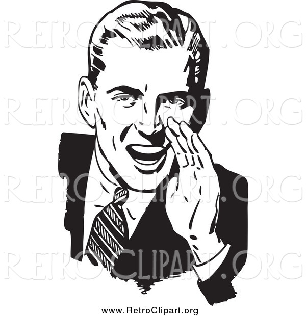 Clipart of a Retro Black and White Man Cupping His Hand Around His Mouth and Shouting