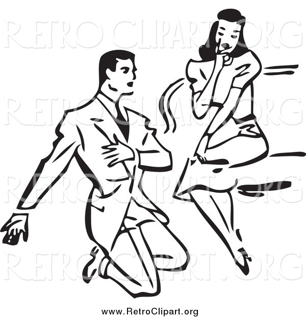 Clipart of a Retro Black and White Man Kneeling and Proposing to a Surprised Woman