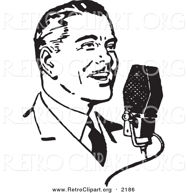 Clipart of a Retro Black and White Man Talking into a Microphone