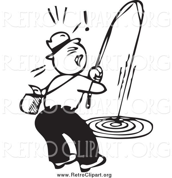 Clipart of a Retro Black and White Man Trying Reel in a Fish