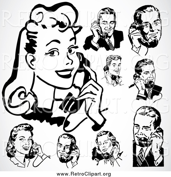 Clipart of a Retro Black and White People Using Telephones