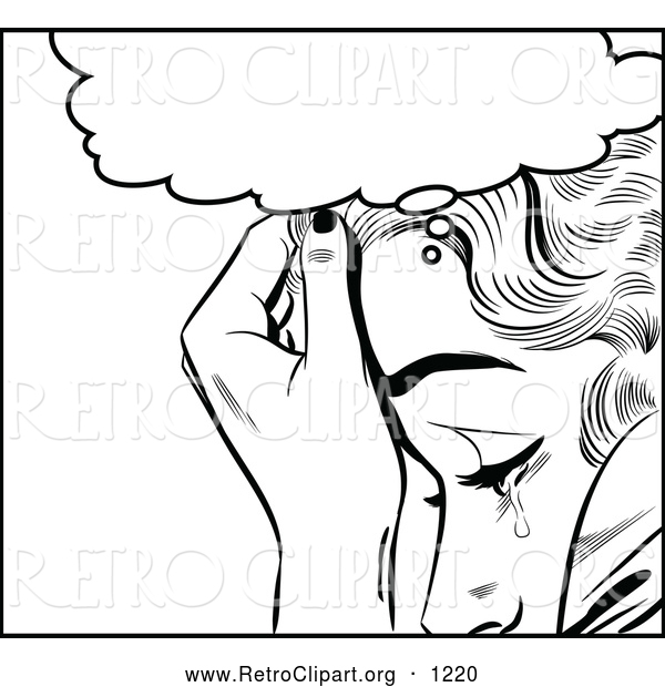 Clipart of a Retro Black and White Pop Art Woman Crying Under a Thought Balloon