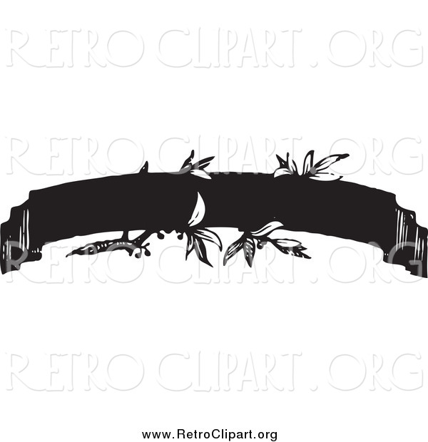 Clipart of a Retro Black and White Ribbon Banner with Leaves