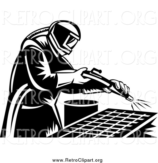 Clipart of a Retro Black and White Sand Blaster Man Working