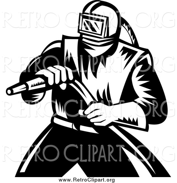 Clipart of a Retro Black and White Sand Blaster Worker Man Holding a Hose