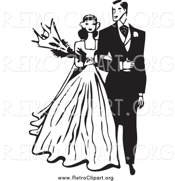 Clipart of a Retro Black and White Wedding Couple Walking Arm in Arm