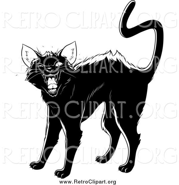 Clipart of a Retro Black Cat Arching Its Back, Twitching Its Tail and Hissing