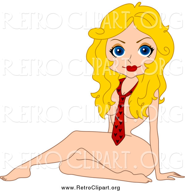Clipart of a Retro Blond White Woman Wearing Only a Heart Tie