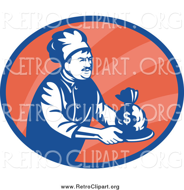 Clipart of a Retro Blue and White Chef Serving Money in an Orange Oval