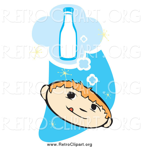 Clipart of a Retro Boy Thinking of a Bottle of Milk over a Blue Starry Sky