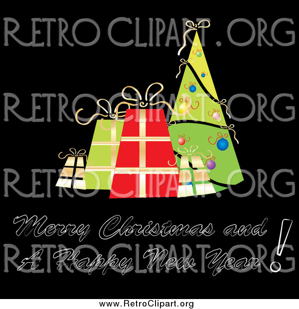 Clipart of a Retro Christmas Greeting with Presents and a Tree on Black