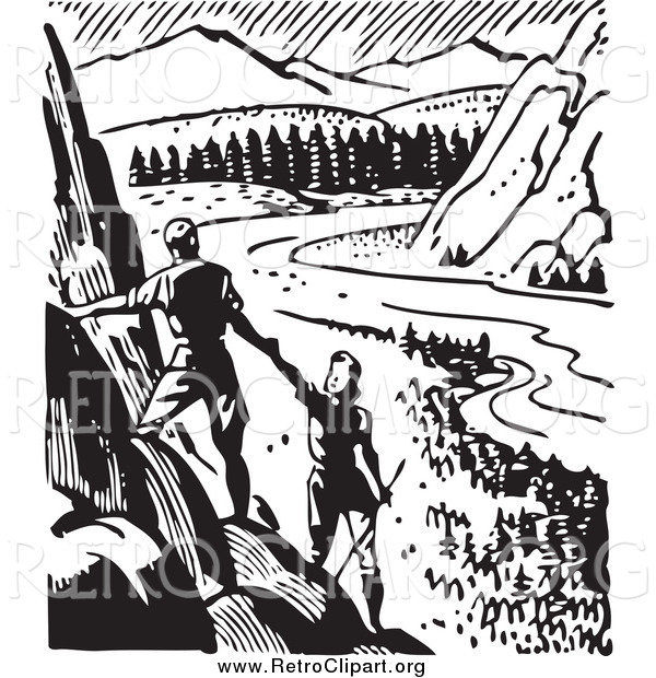 Clipart of a Retro Couple Hiking over a Valley