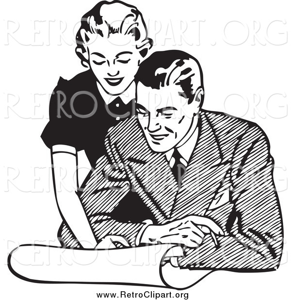 Clipart of a Retro Couple Looking at Real Estate