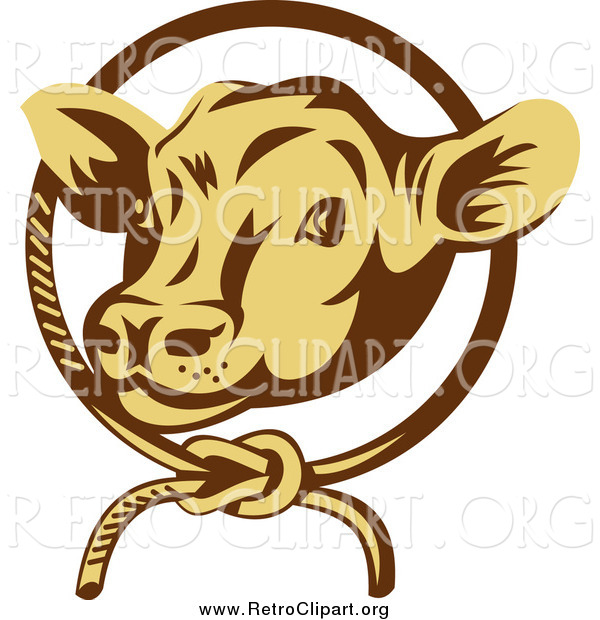 Clipart of a Retro Cow Face Emerging from a Rope Circle