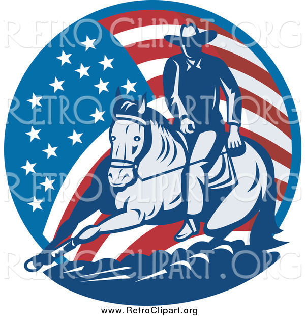 Clipart of a Retro Cowboy and Horse in an American Flag Circle