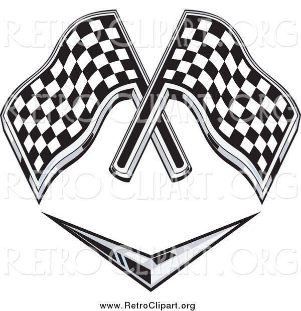 Clipart of a Retro Grayscale Racing Flags over a Chevron Symbol