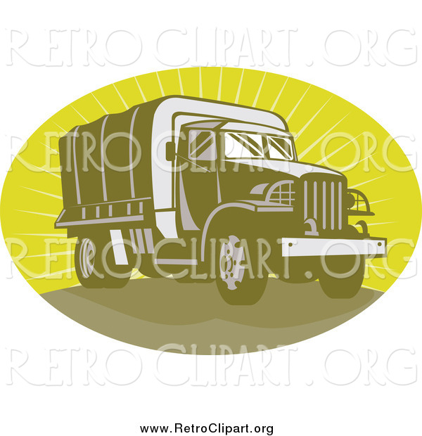 Clipart of a Retro Green Army Truck in an Oval of Rays