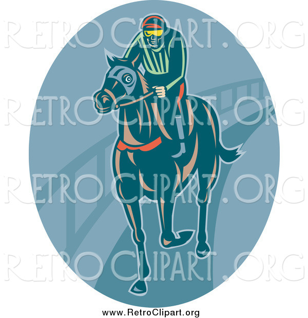 Clipart of a Retro Horseback Jockey in a Blue Oval