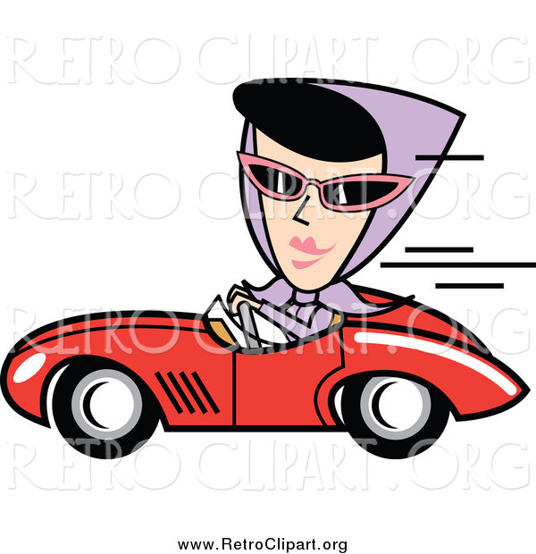 Clipart of a Retro Lady Driving a Convertible Car in a Purple Head Scarf