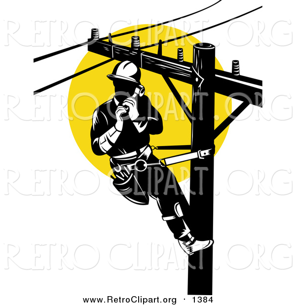 Clipart of a Retro Lineman on a Pole Against a Sunset