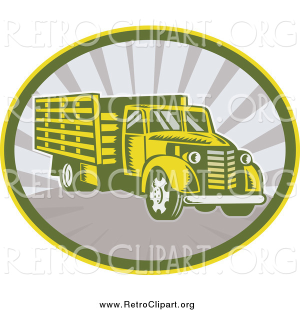 Clipart of a Retro Lorry Truck in an Oval of Rays
