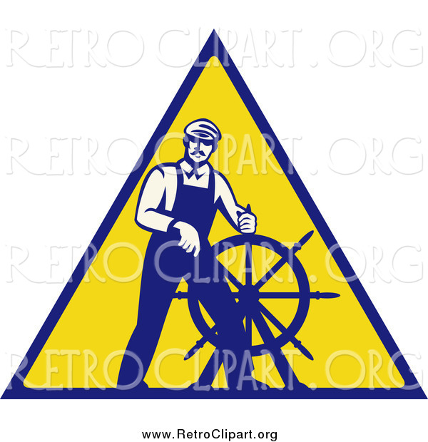 Clipart of a Retro Male Captain Steering a Helm on a Yellow Sign