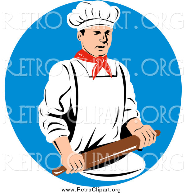 Clipart of a Retro Male Chef Using a Rolling Pin over a Blue Circle