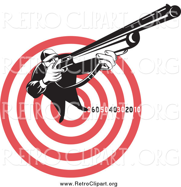 Clipart of a Retro Male Hunter Aiming Upwards and to the Right over a Red Target