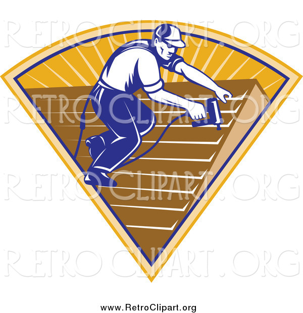 Clipart of a Retro Male Roofer Applying Shingles